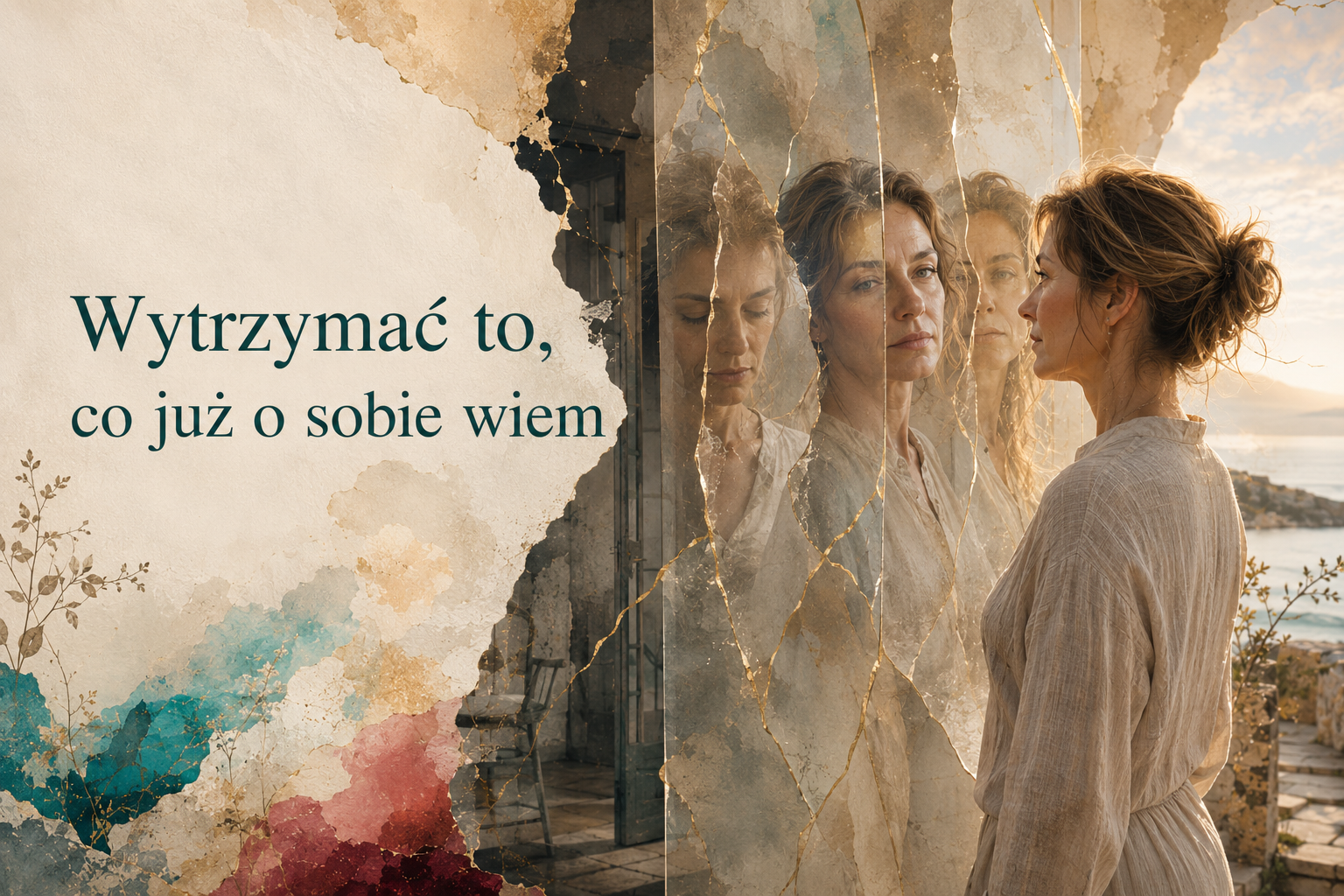 Grafika do eseju „Wytrzymać to, co już o sobie wiem” - kobieta naprzeciw własnych odbić w pękniętym, złoconym lustrze